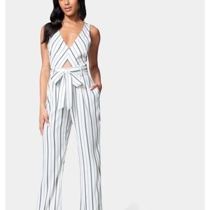 Bebe Black and White Jumpsuit with Plunging V-Neck